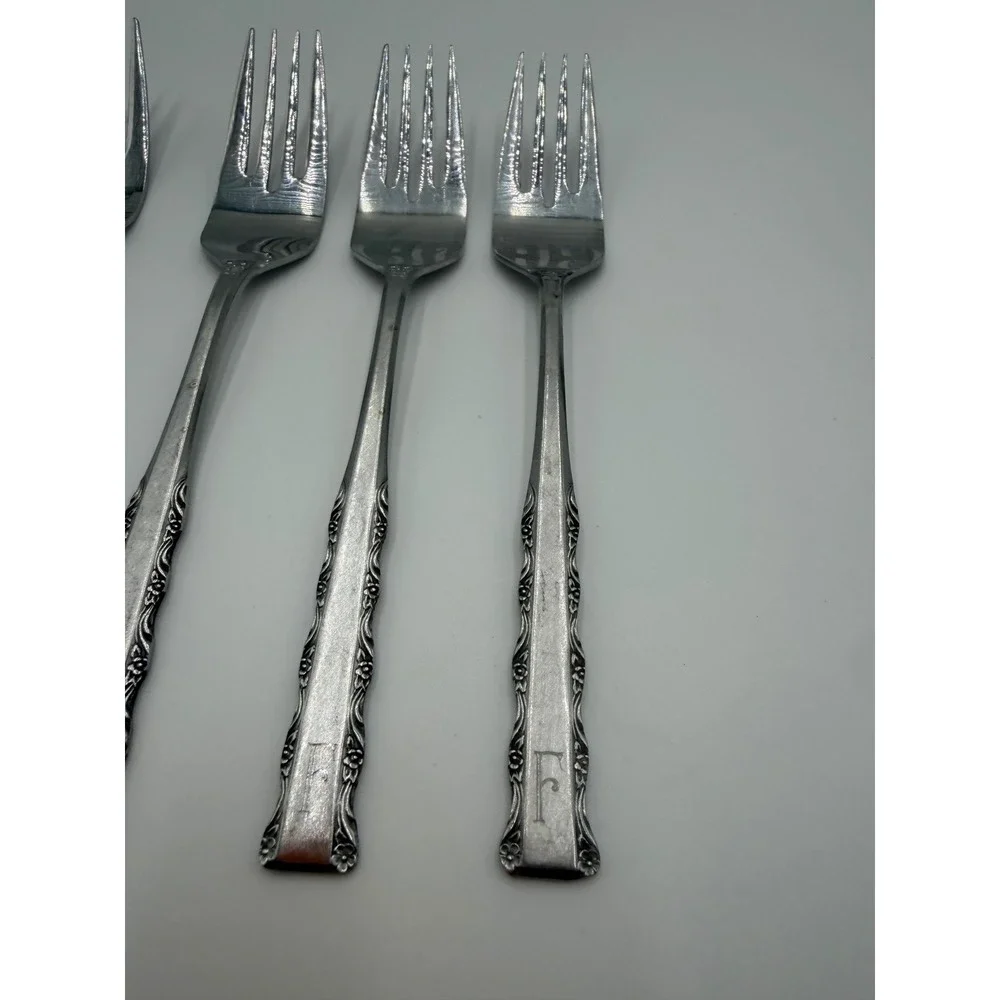 Ekco Eterna Stainless Steel Dinner Forks Set of 4 Monogram F Japan Vintage